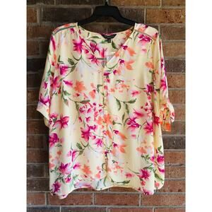 Investments Women's Yellow Purple Floral Short Sleeve Button Up Blouse Sz 3X NWT
